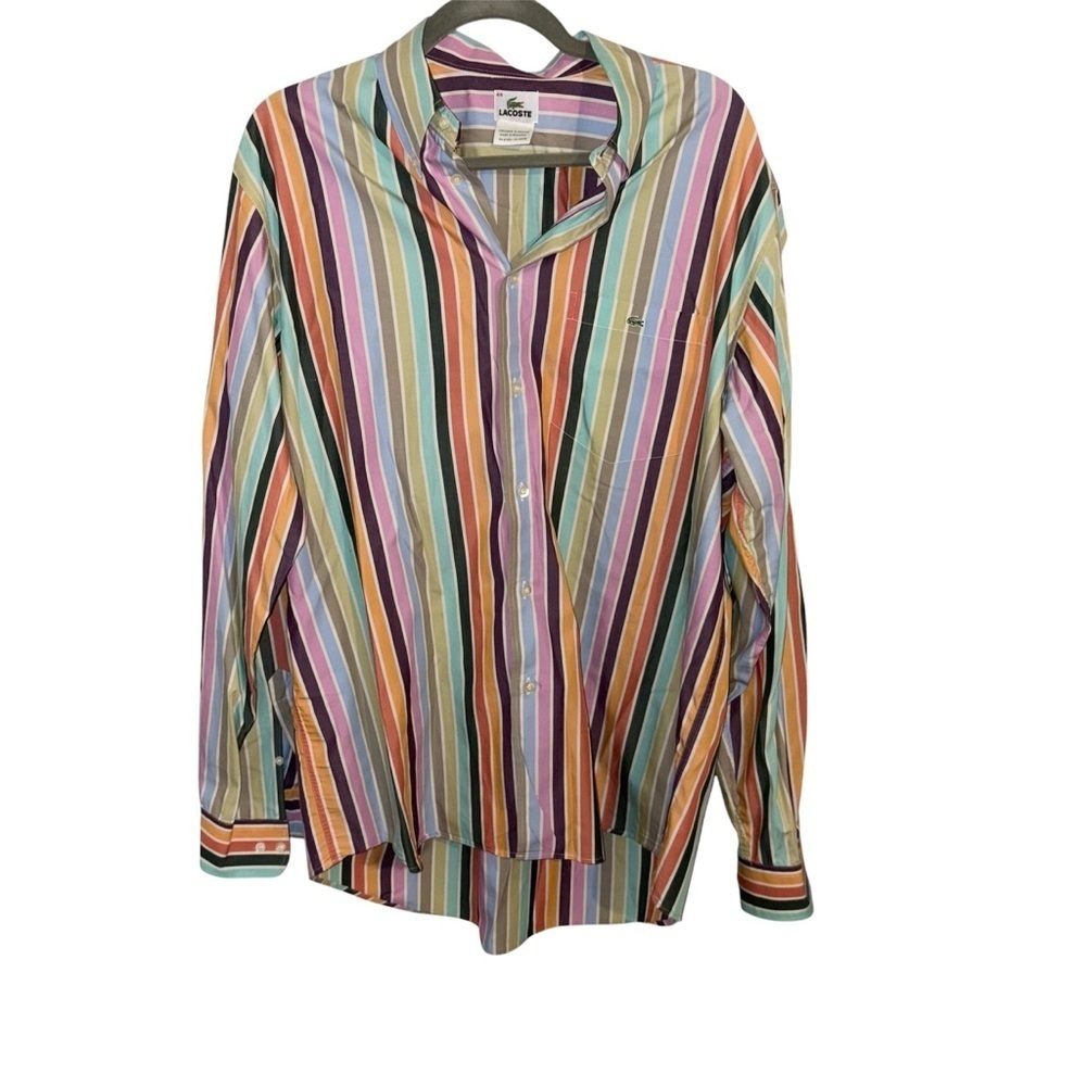 Lacoste Button Down Shirt Mens Size XL 44 Multi Color Stripe Long Sleeve Rainbow
